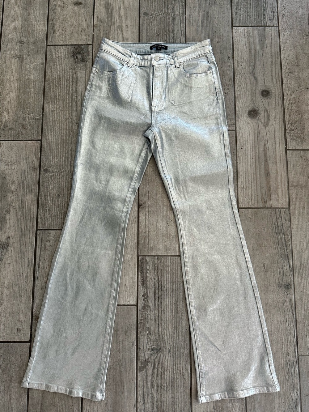 Boston Proper Silver Metallic Flare Jeans Size 6 Y2K Glam Statement Pants
